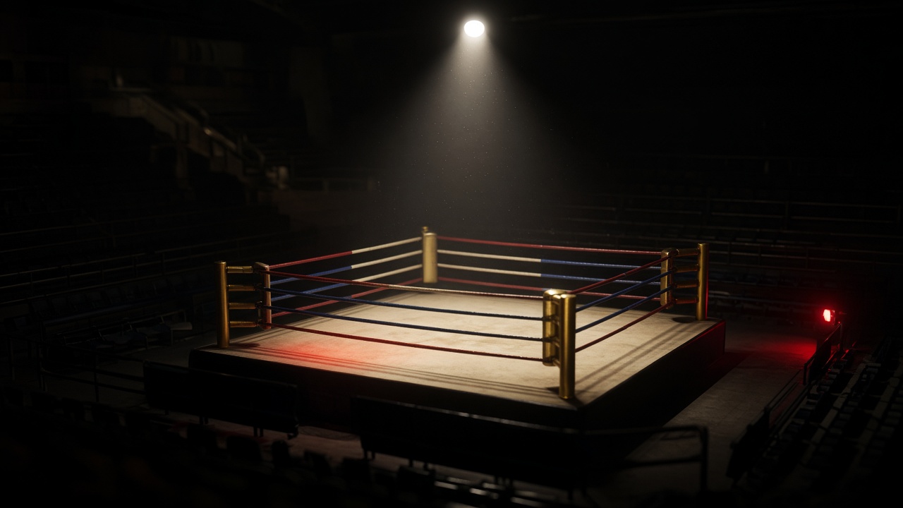 An empty ring under one spotlight, before the main card begins