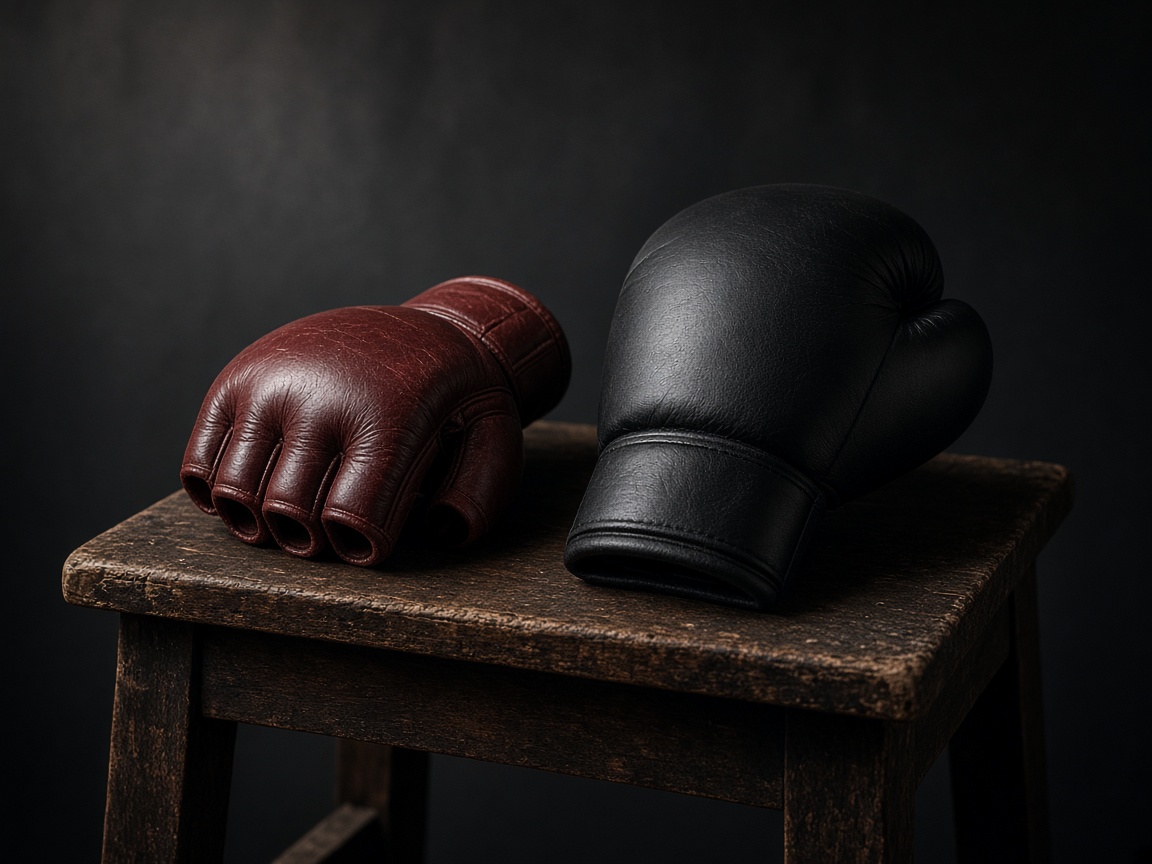 A small open-finger glove beside a larger closed boxing glove
